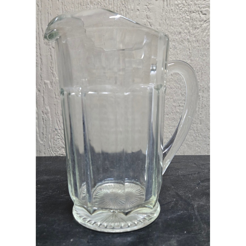 Vintage Clear Glass Water Ice Pitcher Paneled Starburst Bottom Beverage Jug
